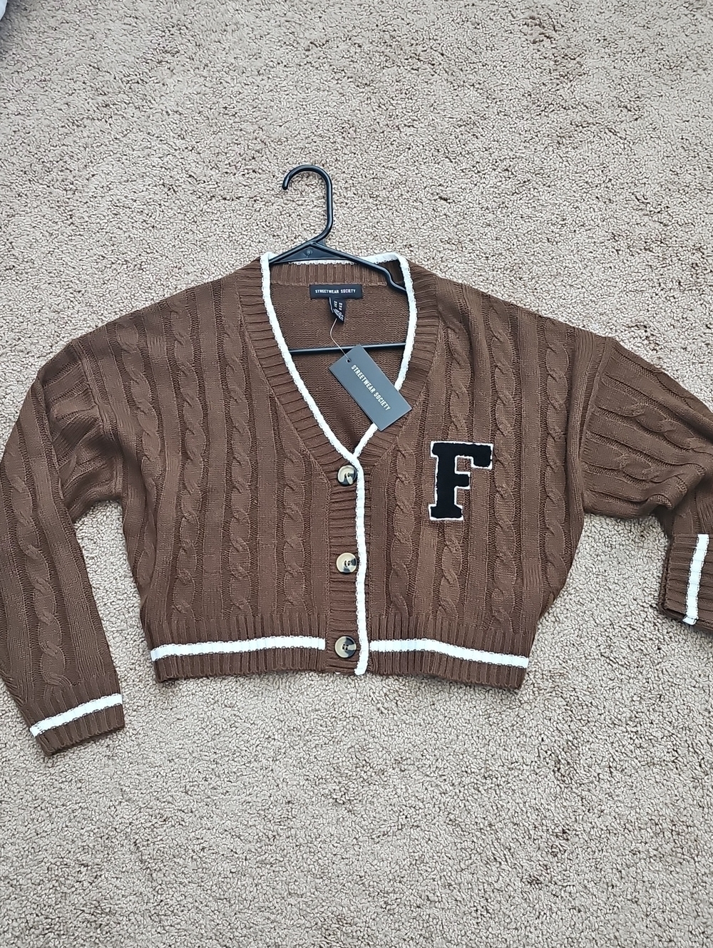 Brown Cropped Cable Knit V-Neck Cardigan with White Trim